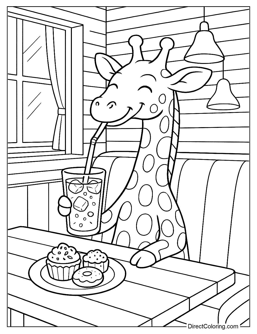 A giraffe sits on a bench in a cafe coloring sheet